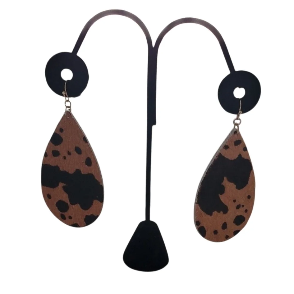 Cow Print Teardrop Earrings Brown and Black Faux Leather Western Lightweight - Picture 3 of 7
